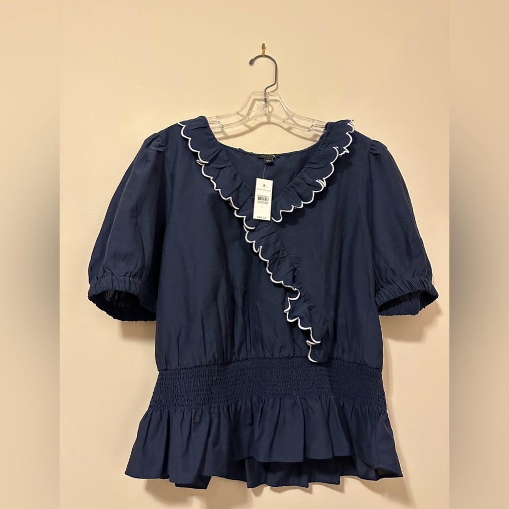 NEW WITH TAGS- Ann Taylor Navy/White Blouse, size L